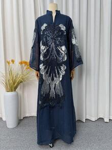 亮片刺繡 Abaya 長裙，立領長袖保守風 Kaftan，杜拜奢華穆斯林長袍，適用於開齋節、齋月、婚禮派對 - 藏蓝色 - 查看 5