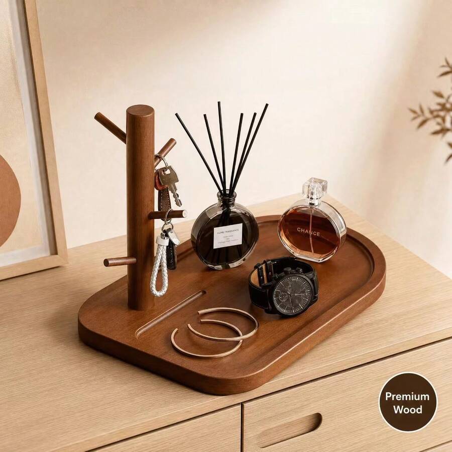 Khay để chìa khóa để bàn bằng tre hình cành cây, giá sắp xếp để bàn có móc treo, khay lưu trữ trang trí cho chìa khóa, trang sức, đồng hồ và đồ lặt vặt nhỏ cho bàn lối vào, trang trí nhà cửa - Xem 1