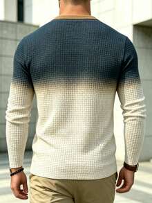 Men's Blue & Beige Gradient Waffle Knit Henley Long Sleeve Shirt, Notched Collar 3-Button Placket Textured Casual Top, Autumn Daily Wear - Multicolor - View 4