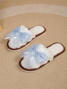 Women's Fuzzy Bowknot Slippers, Soft Plush Indoor House Shoes For Winter - Blue - View 3