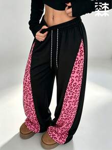 mulinsen Women's Straight Leg Sweatpants, Elastic Drawstring Waist, Pink Leopard Print Side Stripe Casual Joggers - Baby Pink - View 7