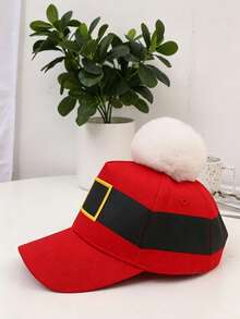 Christmas Santa Belt Embroidered Baseball Cap, Red Baseball Cap With Large Plush Pom Pom Decoration, Holiday Party Costume, Adjustable Head Circumference - Multicolor - View 5