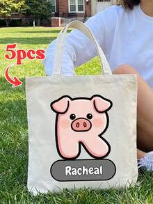 Custom Animal Initial Canvas Tote Bag, Personalized Name Cute Cartoon Letter Shoulder Bag, Reusable Thickened Canvas Handbag, Suitable For Shopping, Beach, Travel, Daily Gift - Multicolor 3 - View 9