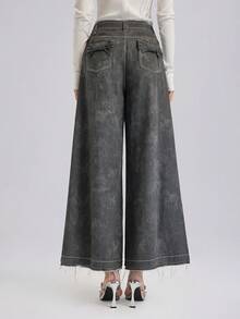 Rich Radi Q's Women's Elegant Gray Denim Wide Leg Pants, Front Decorated With Green Jacquard Floral, Frayed Hem Cropped Pants - Grey - View 2