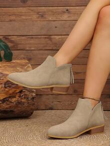 Sepatu bot pendek model V-cut vintage untuk wanita, hak tebal rendah, resleting belakang, sepatu bot untuk bepergian. - Khaki - View 1