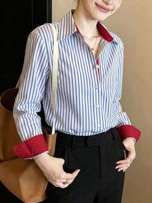 Fashion Plus Size Long Sleeve Button-Up Shirt, Red Lining And Cuffs, Regular Fit, Asymmetrical Hem, Modern Style - Blue - View 5
