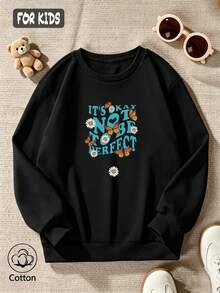 Kids Casual Crewneck Sweatshirt With Letter Print, Daisy & Butterfly Motifs, Long Sleeve Pullover For Spring Autumn Daily Wear - Black - View 3