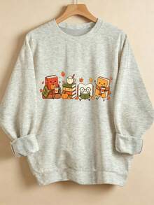 Plus Size Women's Leopard & Starry Sky Print Casual Crew Neck Long Sleeve Sweatshirt - Light Grey - View 5