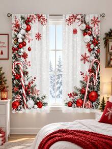 2Pcs White Background Snowy Christmas Red Candy Cane & Colorful Ball Pine Branch Print Pattern, Semi-Sheer Rod Pocket Holiday Window Curtains, Suitable For Living Room And Bedroom, Rod Not Included, Machine Washable - E - View 3