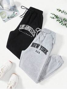 2pcs/Set Women's American New York Los Angeles Letter Print Fashion Versatile Fleece Sweatpants Set, Casual Winter Style - Multicolor - View 2