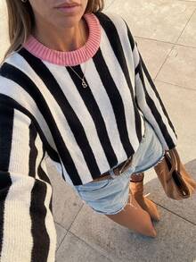 Joy Knit Women's Sweater Autumn/Winter Fashion New Style - All-Match Tops - Minimalist Casual Fashion Versatile - Sweet Cute Vertical Striped Colorblock Round Neck Loose Knit Top - Office Outfits For Women - Going Out Tops - Party - Brown - View 1