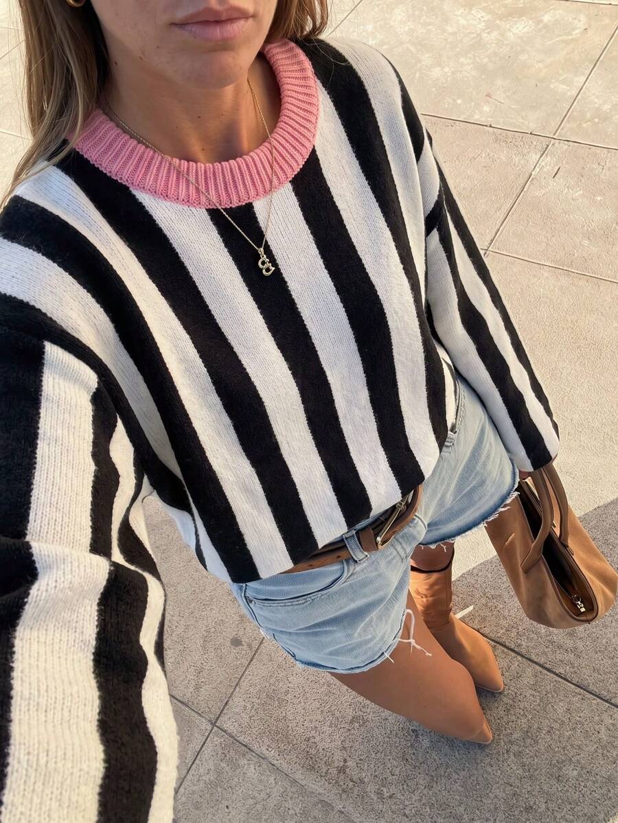 Joy Knit Women's Sweater Autumn/Winter Fashion New Style - All-Match Tops - Minimalist Casual Fashion Versatile - Sweet Cute Vertical Striped Colorblock Round Neck Loose Knit Top - Office Outfits For Women - Going Out Tops - Party - Brown - View 1