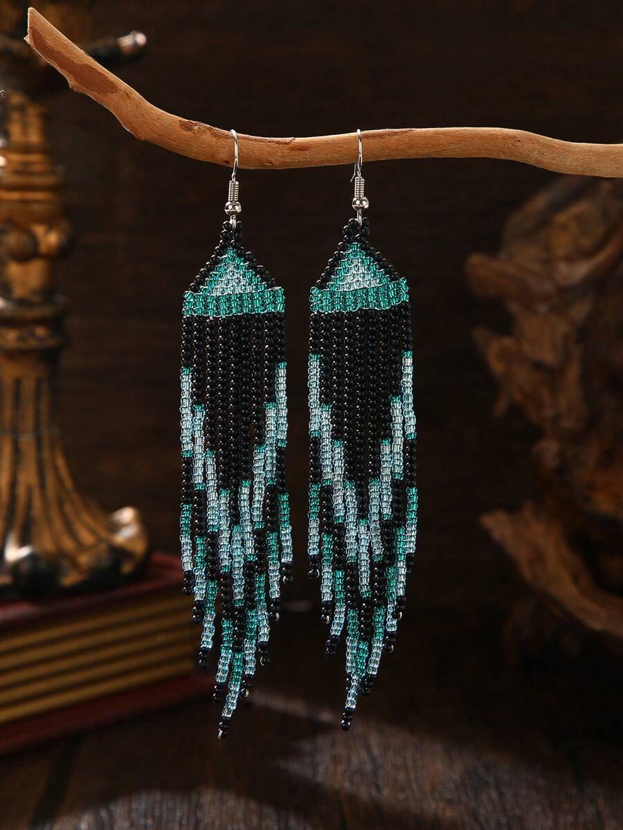 SOUL BEADING أقراط بوهيمية مصنوعة يدويًا بالخرز، أسلوب عطلة عتيق، مزيج ألوان أسود وأخضر، نمط مثلث هندسي، شرابة متدرجة متدلية، إكسسوار موضة أنيق وأنيق - أقراط مصنوعة يدويًا من الخرز - مشاهدة 1