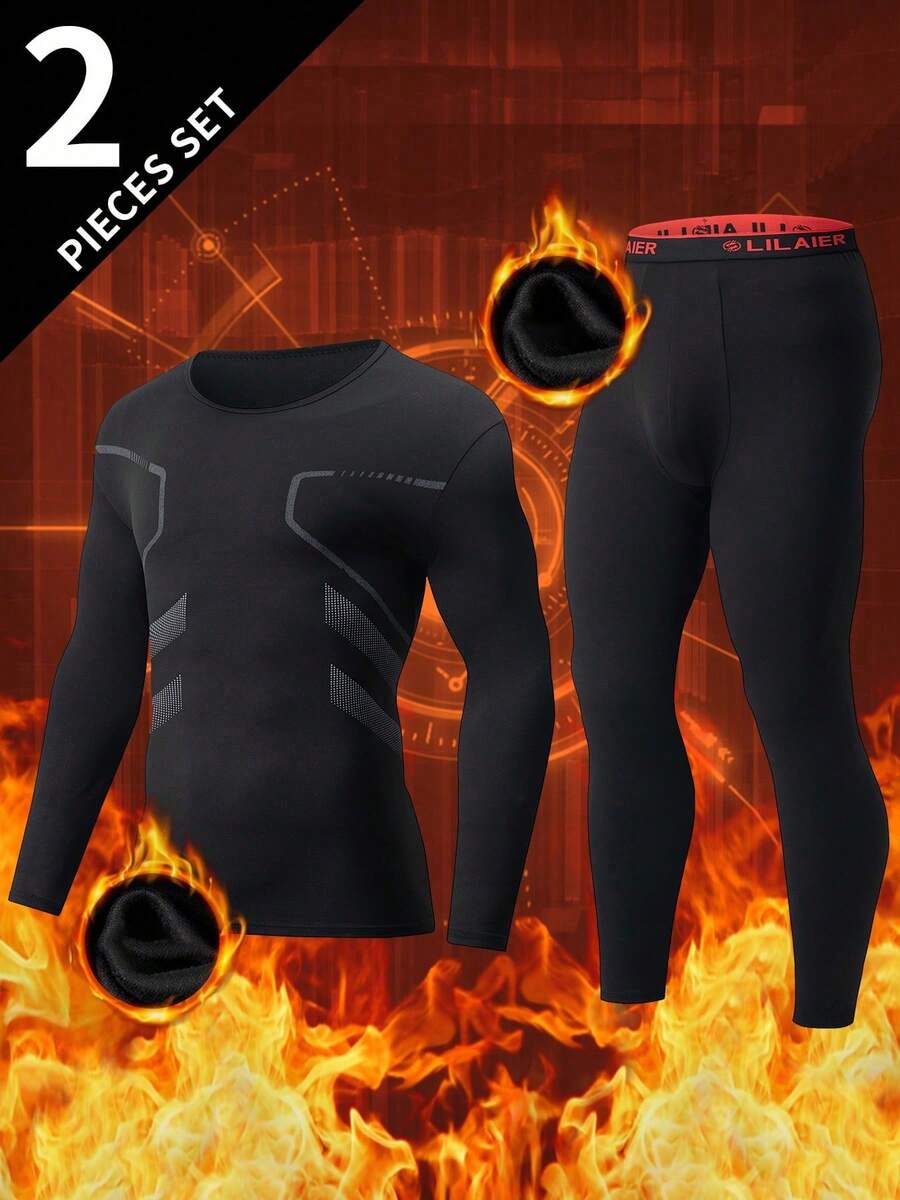 2pcs Men's Thermal Underwear Set, Autumn/Winter Long Johns Shirt + Pants Adult Crew Neck Thermal Clothing Set - Black - View 1