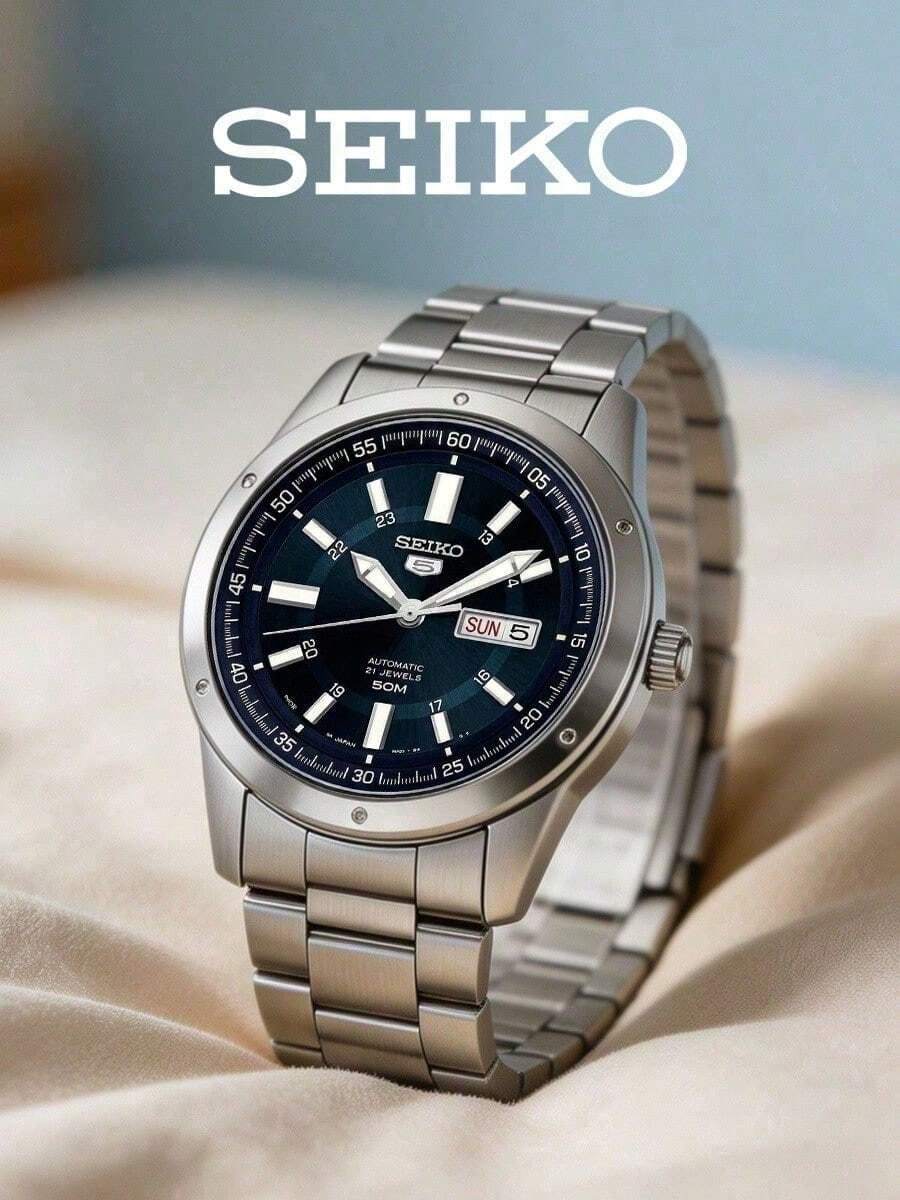 SEIKO 5 Series Mechanical Men's Watch, Stainless Steel Band, Deep Blue Dial, Luminous Hour Markers, Dual Calendar Wristwatch - Silver - View 1
