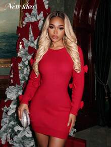 NEW IDEA Women Christmas Red Fall Winter Short Sweater Dress, Round Neck Long Sleeve Bow Bodycon Holiday Party Dress - Red - View 5