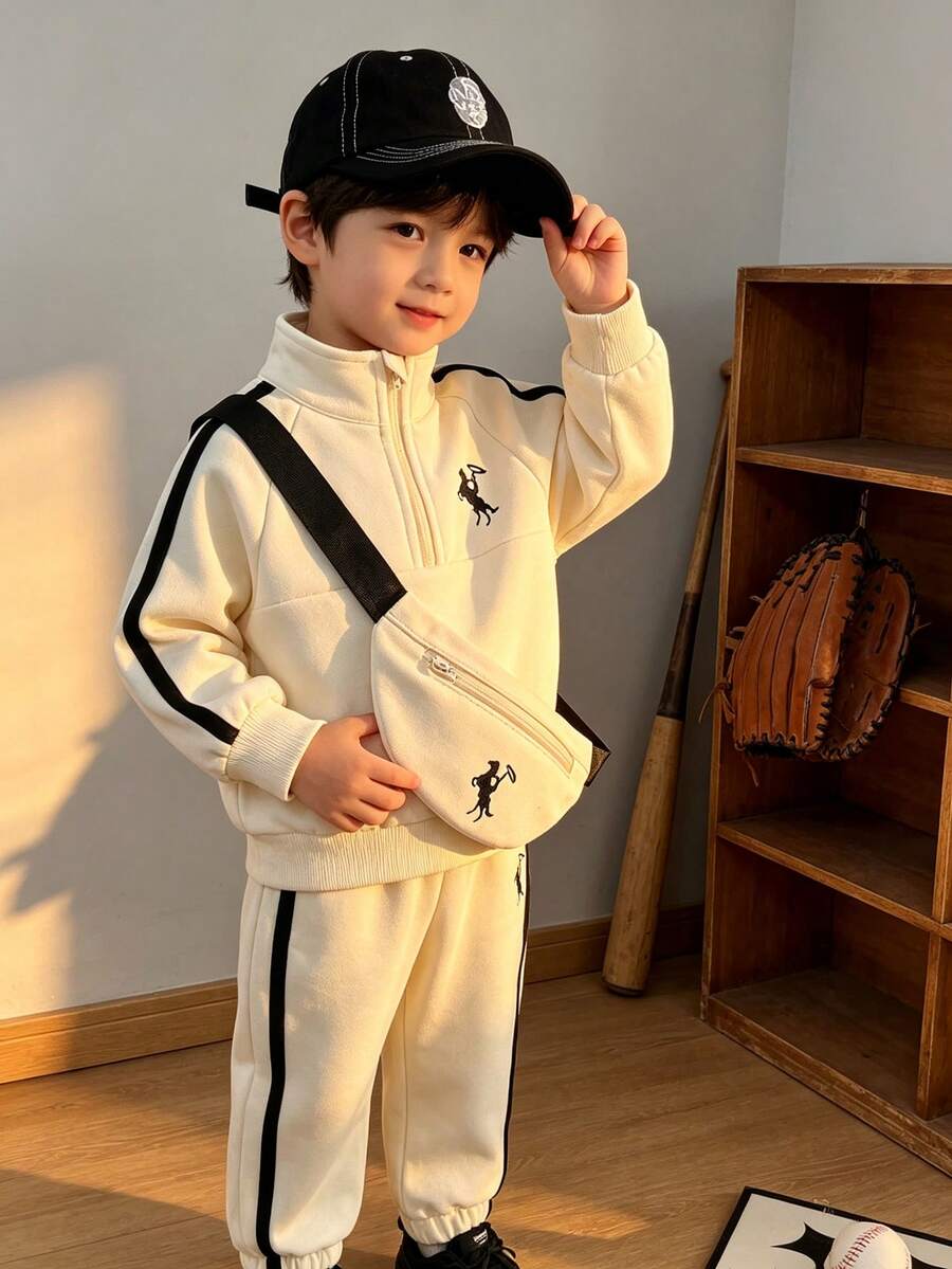 2pcs Baby Boy Casual Stand Collar Printed Sweatshirt & Long Pants With Bag Set, Thin Spring/Autumn Sports Style - Apricot - View 1