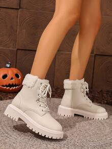 Women's Comfortable Fashionable Versatile Ankle Boots, Thick Lined Solid Color Ankle Boots, Snow Boots, Winter - White - View 3