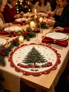 1/2/4pcs Linen Round Placemats, Christmas Tree Snowflake Gift Pattern, Christmas Print, Suitable For Kitchen And Dining Room Decoration. Christmas Family Gathering Party Atmosphere Table Decor, Utensils Not Included - Multiple Styles - View 7