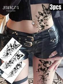 3pcs Waterproof Temporary Tattoo Sticker, Printed Gothic Ink Splatter Butterfly Pattern With Flowing Vine Details, Long Lasting Body Art Sticker For Women, Fit For Party & Daily Wear On Arm, Waist, Leg, Ankle - Black - View 2