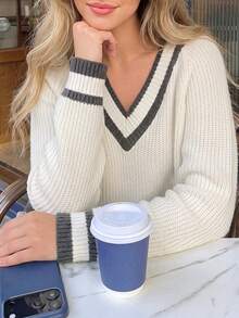 Women Fall White Contrast Trim V Neck Knit Sweater, Long Sleeve Loose Pullover Tops For Daily Campus Casual Outfits - Apricot - View 7