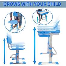 Juego de Escritorio y Silla para niños con Altura Ajustable, Amplio cajón de Almacenamiento, con Escritorio Inclinado Ajustable, lámpara LEDáctil(Azul) - Azul - Ver 4
