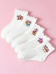 KPop Demon Hunters 1/5 Pairs Girls' Ruffled Mid-Calf Socks, Idol Q-Version Cartoon Print, Sweet Cool Korean Style Ruffle Edge, High Elasticity Non-Constricting Ankle, Skin-Friendly Breathable Durable Washable Non-Deforming, School/Daily Wear, Suitable For Halloween, Christmas Holiday Looks, Girls' All-Season Versatile Socks, Birthday Holiday Gift, Little Girls' Outfit Accessory - Multicolor - View 13