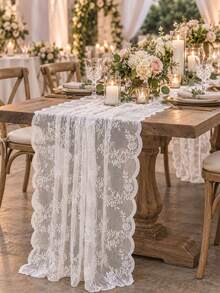 Vintage Floral Lace Table Runner, Wavy Edge Semi-Transparent Tablecloth, Suitable For Wedding, Bridal Shower, Birthday Party, Farmhouse Style Dining Table Home Decor - Multiple Styles - View 1