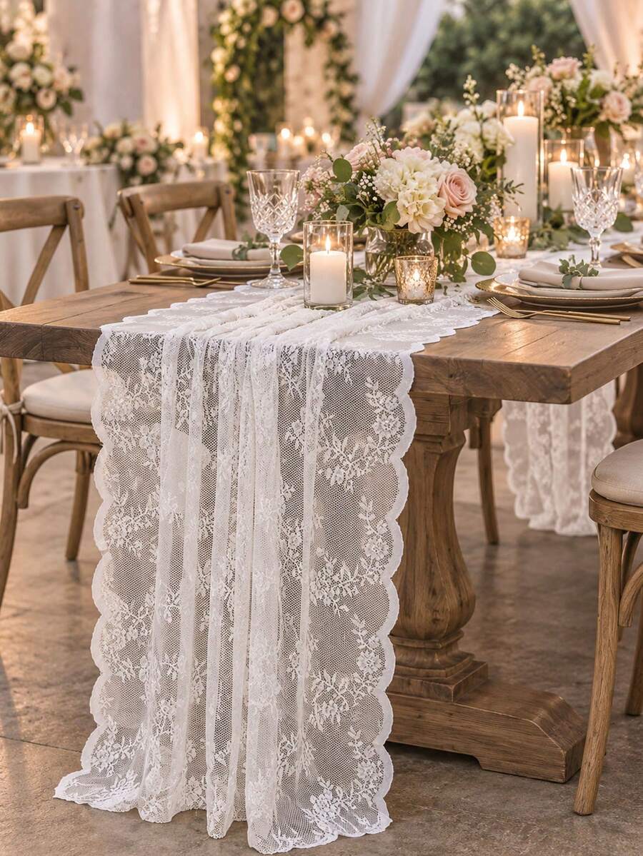 Vintage Floral Lace Table Runner, Wavy Edge Semi-Transparent Tablecloth, Suitable For Wedding, Bridal Shower, Birthday Party, Farmhouse Style Dining Table Home Decor - Multiple Styles - View 1