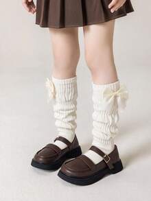 Autumn/Winter 1/4 Pairs Girls/Children Calf Socks, Retro Sweet Bow Pattern Decorated, Solid Color Minimalist Slouchy Style Mid-Calf Socks, Fashionable Breathable Comfortable Soft Slouch Socks, Suitable For 1-12 Years Old Daily Casual Wear/Back To School/Autumn Outings, Random Color And Style - Multicolor - View 6