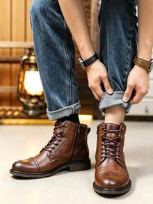 Men's Retro Brown Boots, British Style High-Top Lace-Up Work Boots, Wear-Resistant Non-Slip Business Casual Leather Boots - Brown - View 11