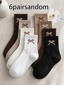 12/6 Pairs Kids Random Heart & Bow Solid Color Mid-Calf Socks In Maillard Color Palette - Multicolor - View 11