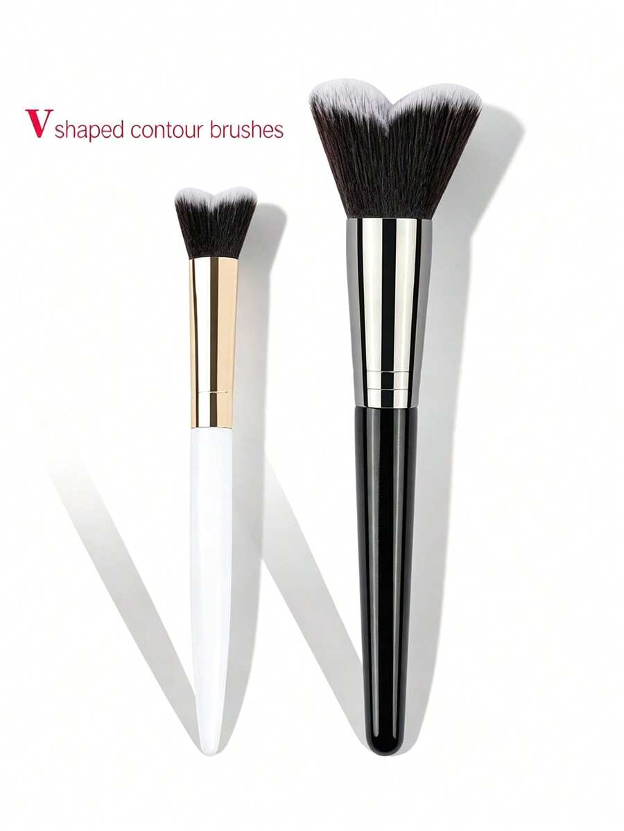 1/2Pcs V-Shaped Contour Brush Set, Soft Bristles Face Sculpting Makeup Brushes, V-Cut Design For Precise Nose & Cheek Contour, Face & Detail Makeup Tool - Black and White - View 1