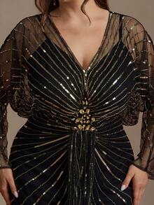 EVERPRETTY Autumn/Winter Plus Luxury Sequin Embroidered Batwing Sleeve Straight Mesh Black & Gold Formal Evening Gown For Dinner Party Wedding Guest Anniversary - Multicolor - View 2