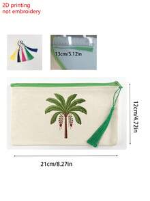 Tas Kosmetik Kanvas Beige dengan Resleting, Dicetak dengan Motif Pohon Kelapa, Dilengkapi Rumbai, Dapat Digunakan Sebagai Tas Perlengkapan Mandi, Tas Penyimpanan Perjalanan, Tas Alat Tulis - MultiWarna - View 9