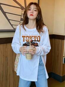 Street Style TOKYO Racing Print Side Slit Long Sleeve T-Shirt Women Loose Mid-Length Round Neck Casual Autumn Top - White - View 1