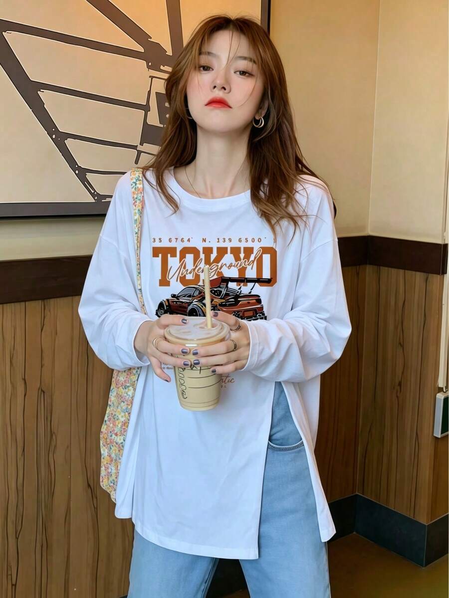 Street Style TOKYO Racing Print Side Slit Long Sleeve T-Shirt Women Loose Mid-Length Round Neck Casual Autumn Top - White - View 1