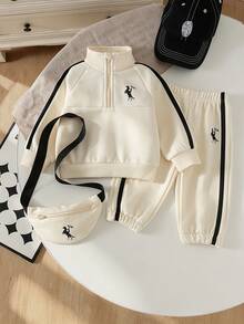 2pcs Baby Boy Casual Stand Collar Printed Sweatshirt & Long Pants With Bag Set, Thin Spring/Autumn Sports Style - Apricot - View 3