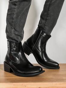 ZCZ Men's Embroidered Western-Style Ankle Boots, Pointed-Toe With Side Zipper And Chunky Square Heel - Black - View 6