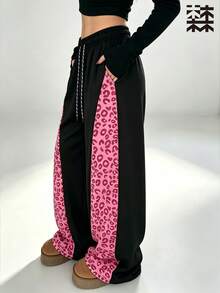 mulinsen Women's Straight Leg Sweatpants, Elastic Drawstring Waist, Pink Leopard Print Side Stripe Casual Joggers - Baby Pink - View 11