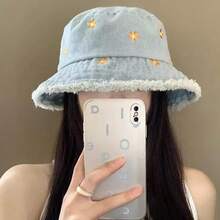 3pcs Light Blue Denim Women's Bucket Hat, Embroidered Floral Frayed Edge Bucket Hat, Big Head Friendly Slimming Face Sun Protection Bucket Hat - Multicolor - View 5