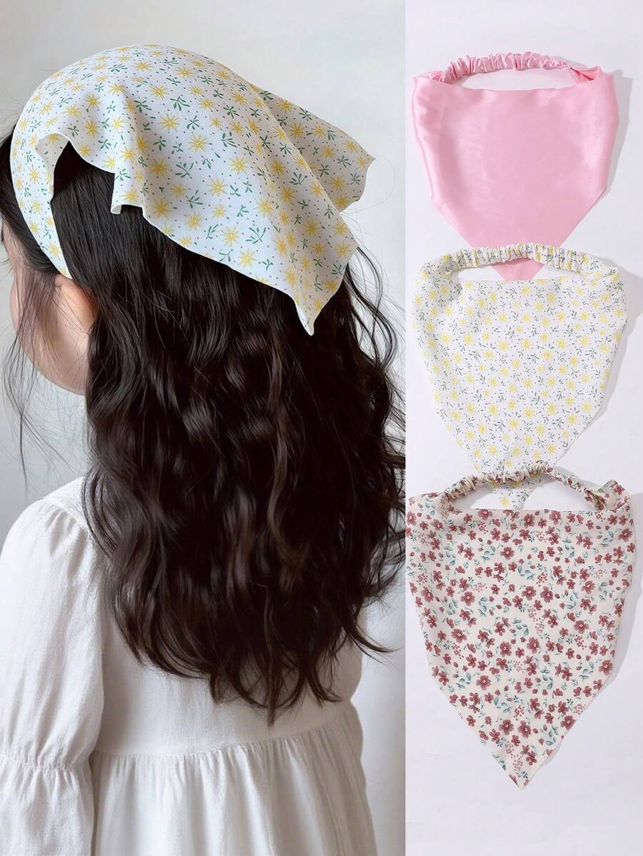 3pcs/Set Floral Triangle Headband Elastic Headwrap Country Style Printed Hair Scarf Suitable For Daily Decoration - Multicolor - View 1