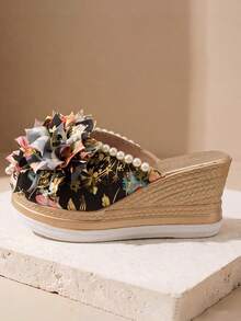 Floral 3D Flower Wedge Mules For Women, Pearl Trim Open Toe Platform Slides - Multicolor - View 2