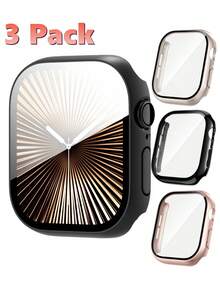 3件組 3合1 鋼化玻璃螢幕保護膜保護殼，適用 49mm/46mm/42mm/45mm/44mm/41mm/40mm，超薄全覆蓋硬 PC 防刮高畫質保護緩衝殼，相容 Series 12/11/10/9/8/SE2/7/6/SE/5/4/3/2/1 - 星光+玫金+黑 - 查看 23