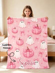 Custom Name Pink Ghost Pumpkin Bow Blanket, Cute Halloween Ghost Pumpkin Ribbon Design, Lightweight Cozy For Bedroom, Halloween Birthday Gift - Multicolor - View 1