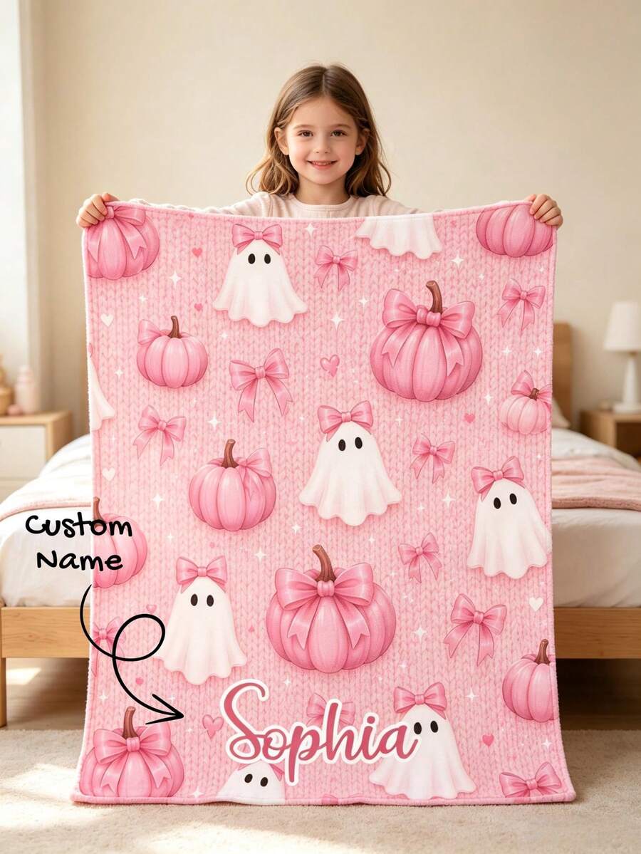 Custom Name Pink Ghost Pumpkin Bow Blanket, Cute Halloween Ghost Pumpkin Ribbon Design, Lightweight Cozy For Bedroom, Halloween Birthday Gift - Multicolor - View 1