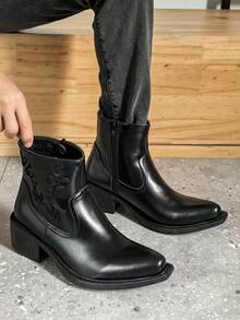 ZCZ Men's Embroidered Western-Style Ankle Boots, Pointed-Toe With Side Zipper And Chunky Square Heel - Black - View 9