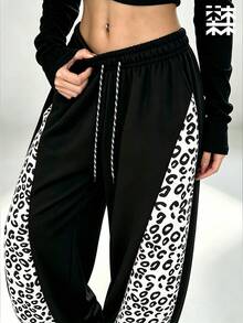 mulinsen Women's Straight Leg Joggers, Elastic Drawstring Waist, Pink Leopard Print Side Stripe Casual Sweatpants - White - View 7
