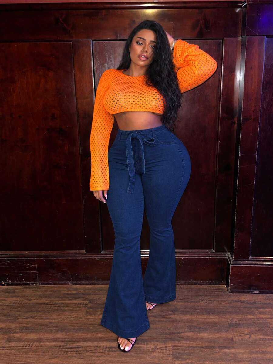 Plus Size Denim Flare Pants, Tie-Waist Design, Medium Stretch Long Pants, Button Detail, Create Fashionable Versatile Look - Blue - View 1