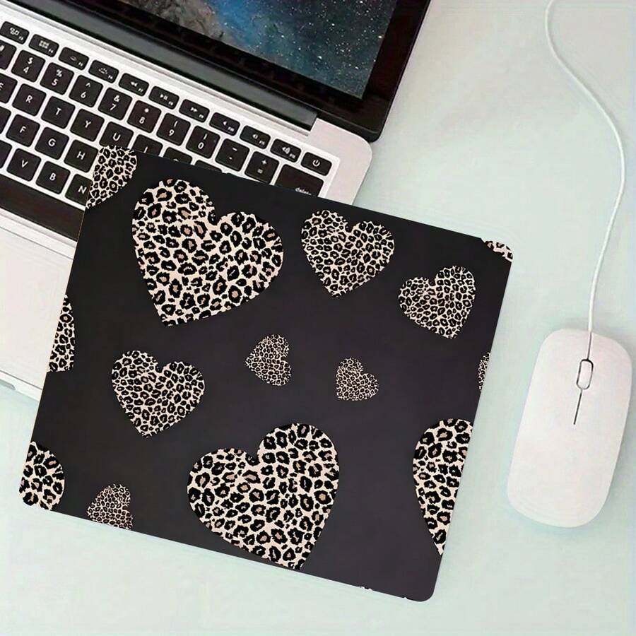 Leopard Heart Square Mouse Pad Black Small Mousepad Aesthetic Art Desk Accessories With Stitched Edge Non-Slip Rubber Base Computer Desk Pad 9.4x7.8Inches Table Mat For Home Office As Gift For Friends - View 1